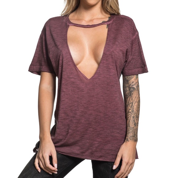 Affliction Tops - Affliction Chocked V-neck Top with studded sides